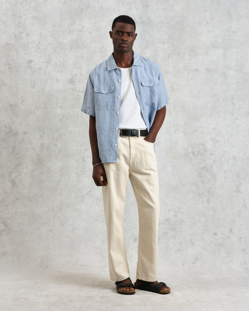 wax london men's Bartlett - Blue Two-Tone Linen Short-Sleeve Shirt