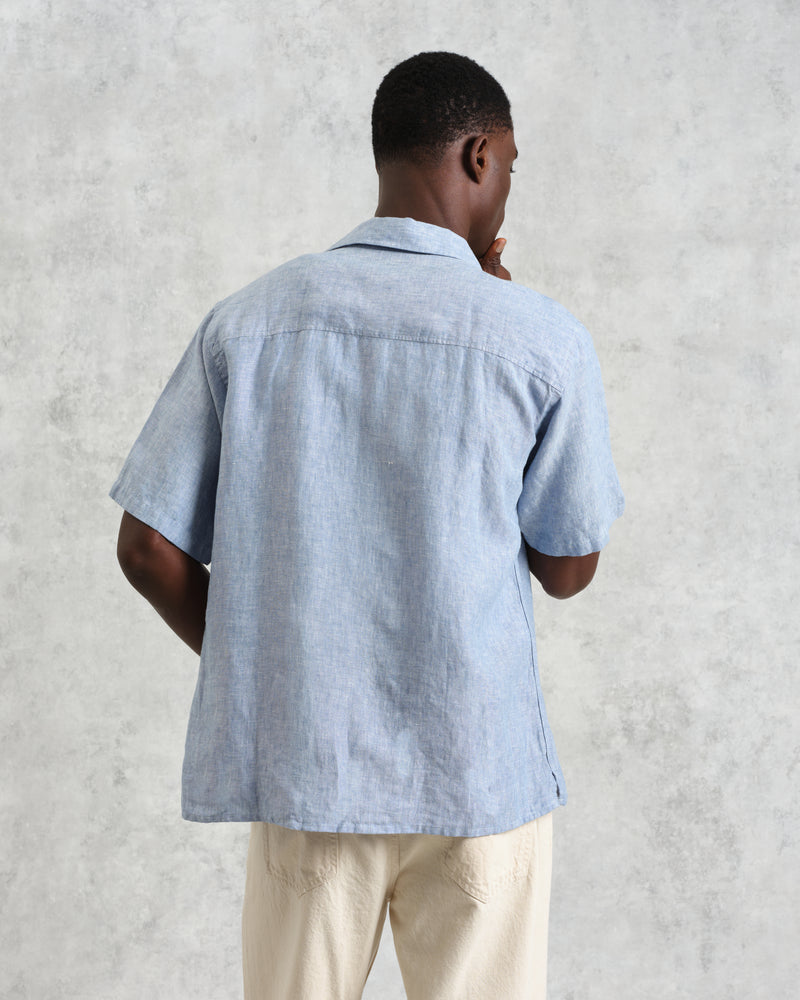 wax london men's Bartlett - Blue Two-Tone Linen Short-Sleeve Shirt