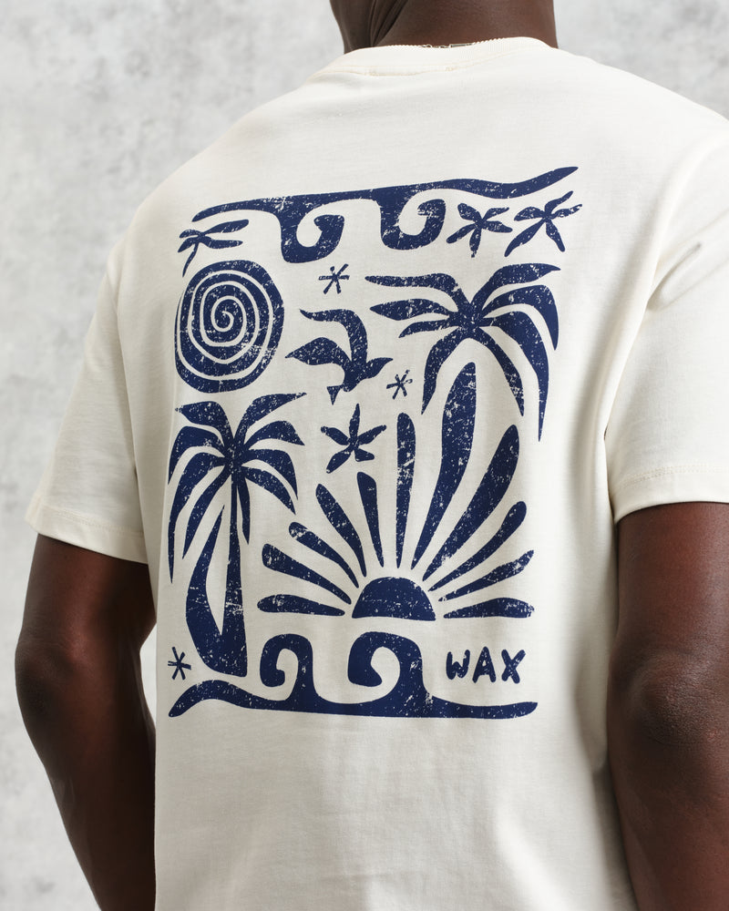 wax london men's Dean - Ecru And Blue Doodle Scene Graphic Cotton T-Shirt