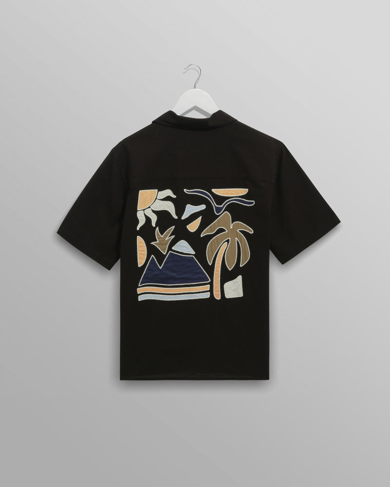 wax london men's Didcot - Black And Multicolour Appliqué Short-Sleeve Shirt