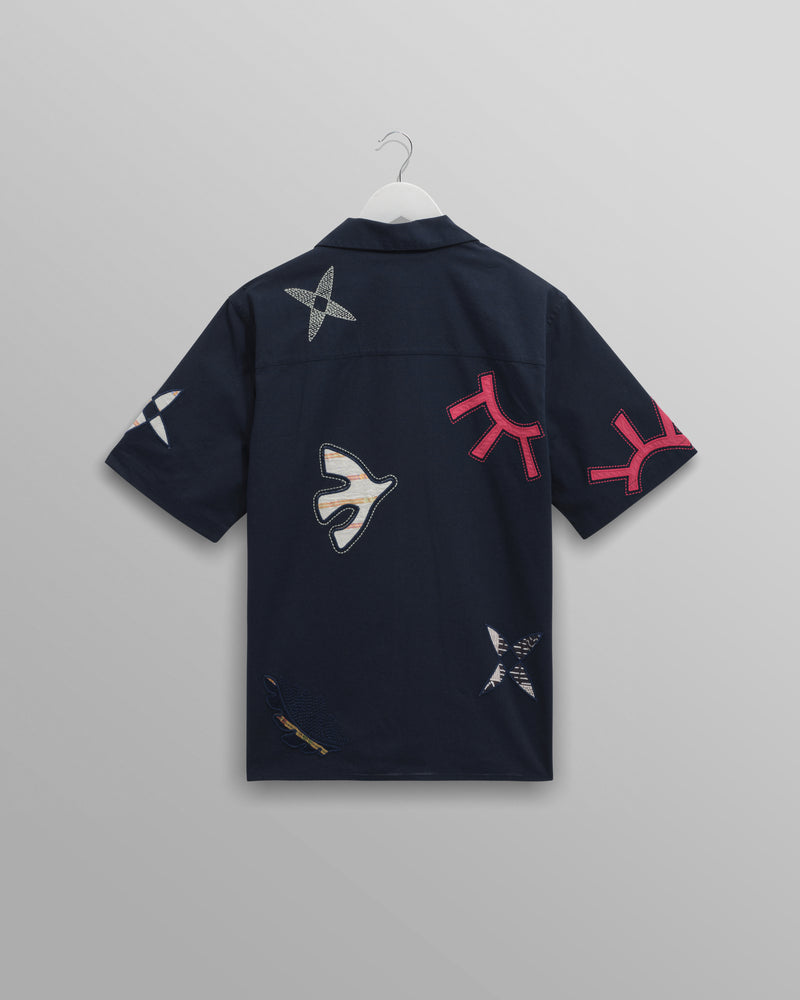 wax london men's Didcot - Navy Doodle Appliqué Short-Sleeve Shirt