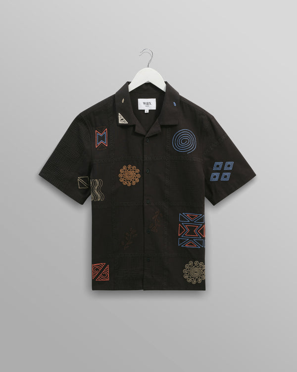 wax london men's Didcot - Navy Doodle Embroidered Short-Sleeve Shirt