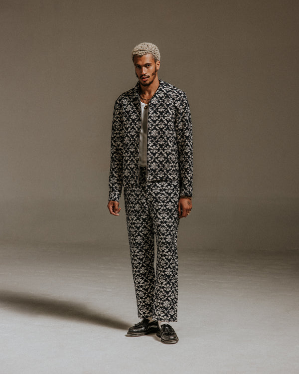 wax london Kurt - Navy Flower Stamp Jacquard Trousers