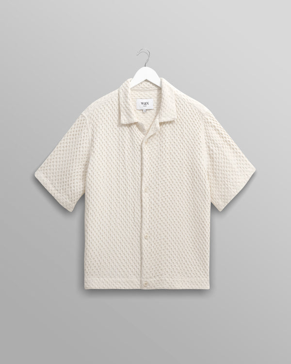 wax london Lido - Ecru Dobby Cotton Weave Short-Sleeve Shirt