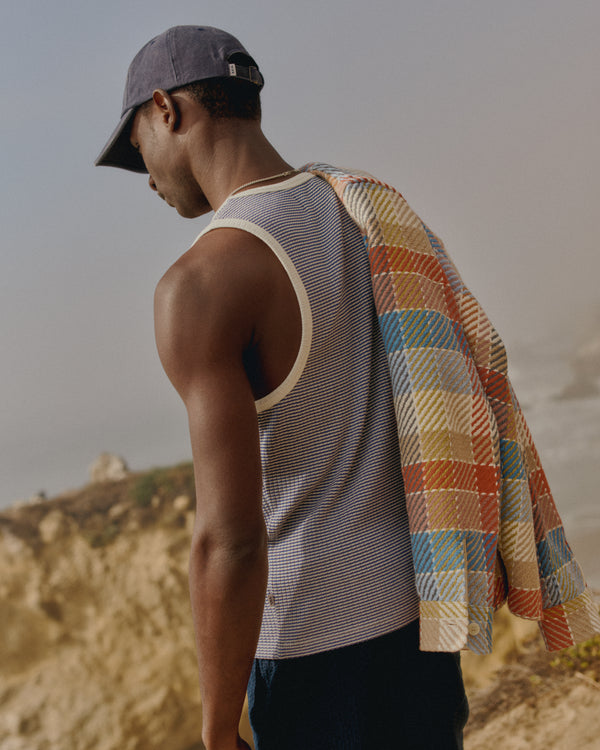 wax london Montague - Blue And Ecru Striped Ribbed Organic Cotton Vest