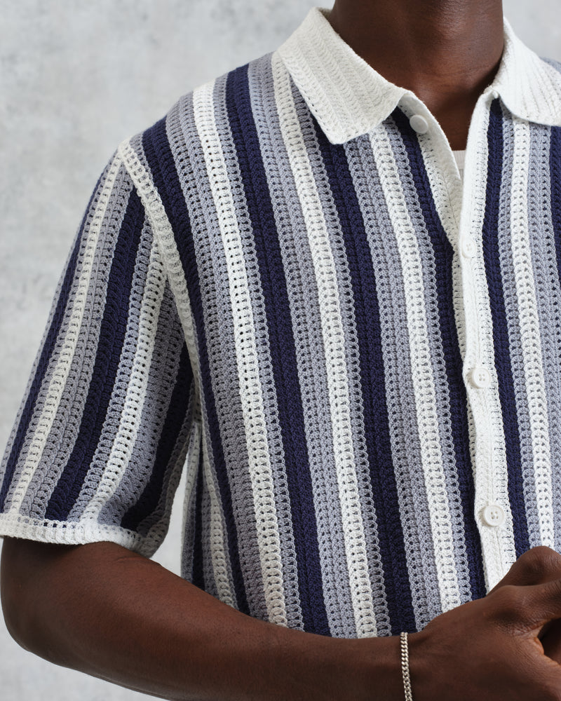 wax london men's Porto - Blue And Ecru Stripe Crochet Knitted Polo Shirt