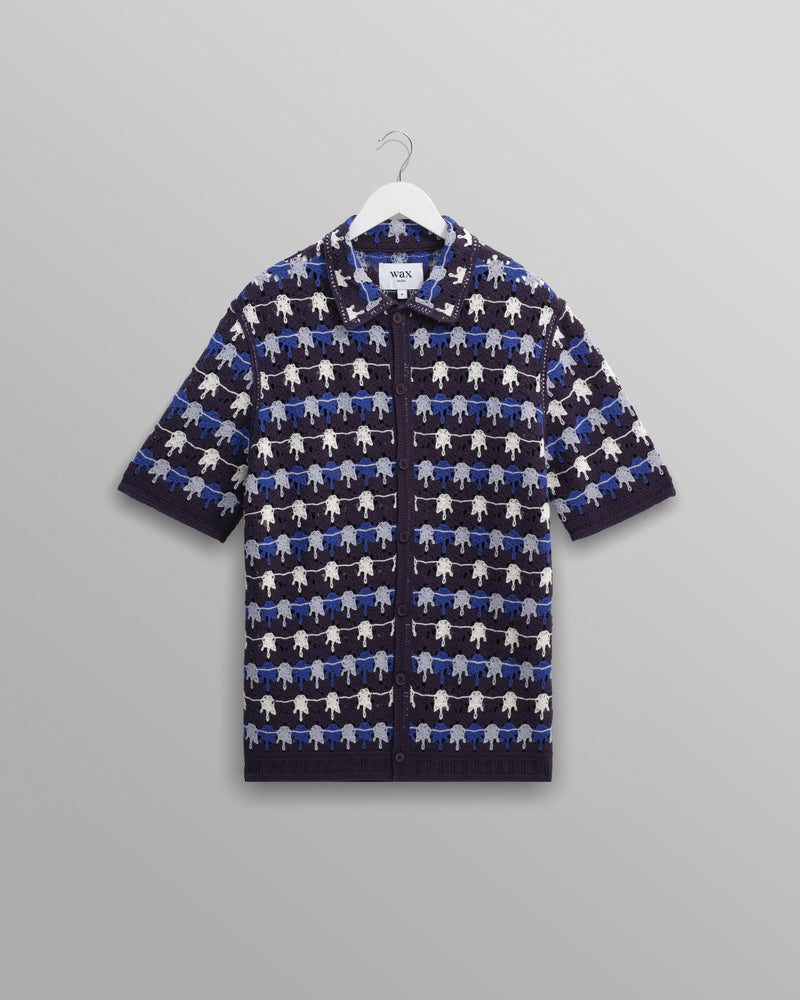 wax london men's Porto - Navy Splash Crochet Knitted Polo Shirt