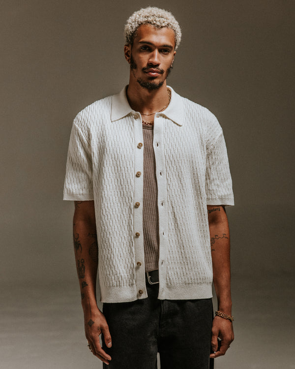 wax london Tellaro - Ecru Honeycomb Knitted Cotton Polo Shirt