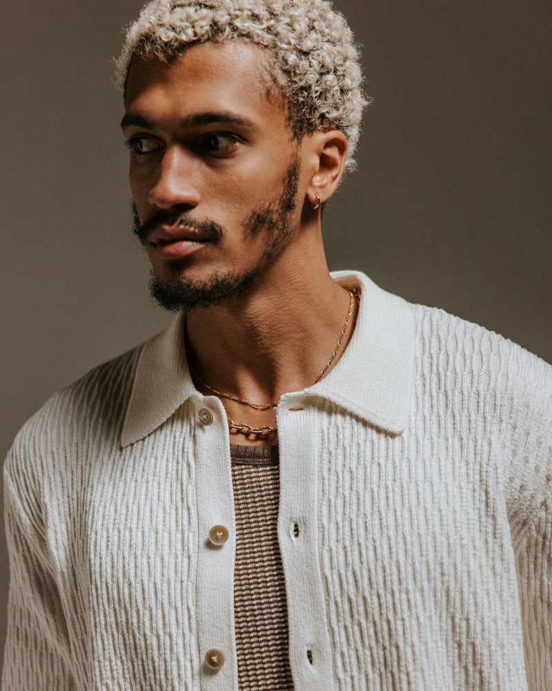 wax london men's Tellaro - Ecru Honeycomb Knitted Cotton Polo Shirt
