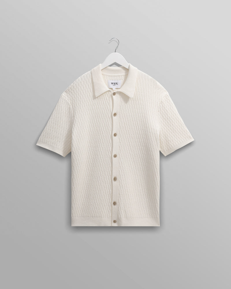 wax london men's Tellaro - Ecru Honeycomb Knitted Cotton Polo Shirt